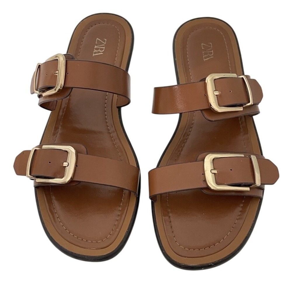 Zara Brown Leather Gold Double Buckle Flat Slide Sandals Size 38 US 8